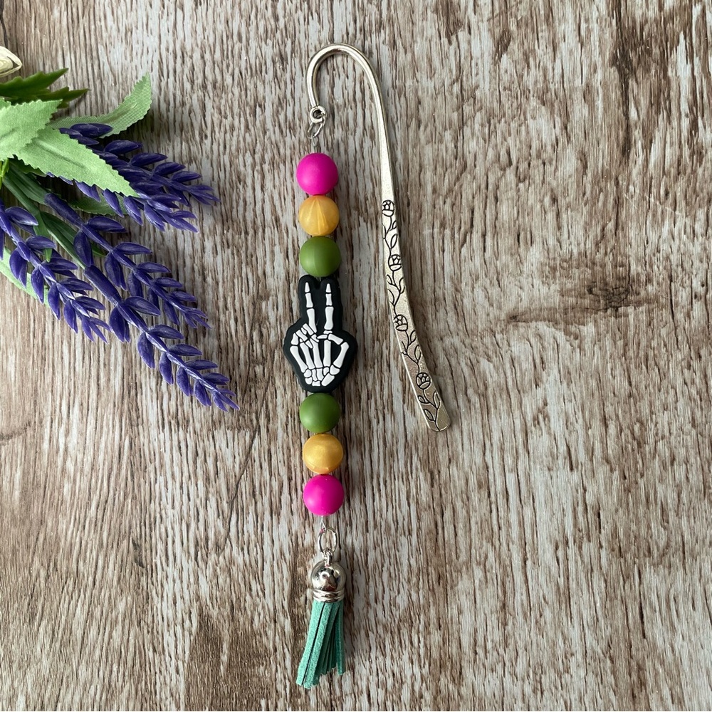 Bookmark Peace Skull Handcrafted Artisan Beaded Metal Journal Gift Read Book